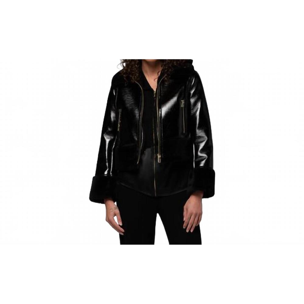 NEW MAX&MOI vinta vinyl jacket with faux fur trims in black